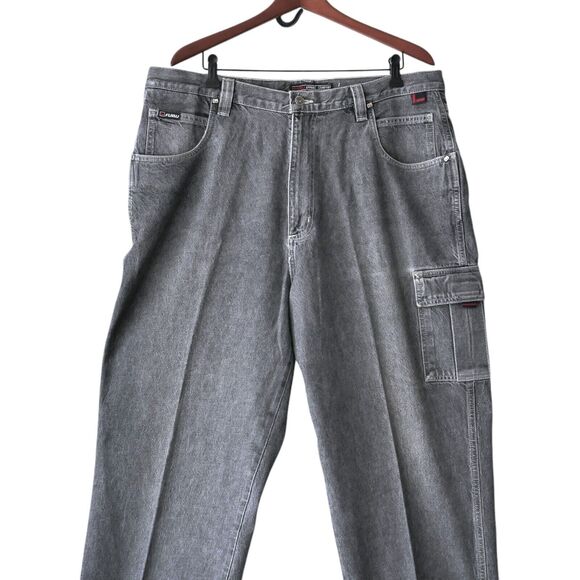 Vintage FUBU Cheja Carpenter Cargo Jeans Wide Leg Dark Gray Distressed Frayed 40 - Picture 2 of 9